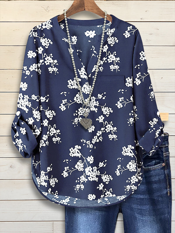 Navy Blossom V-Neck Blouse