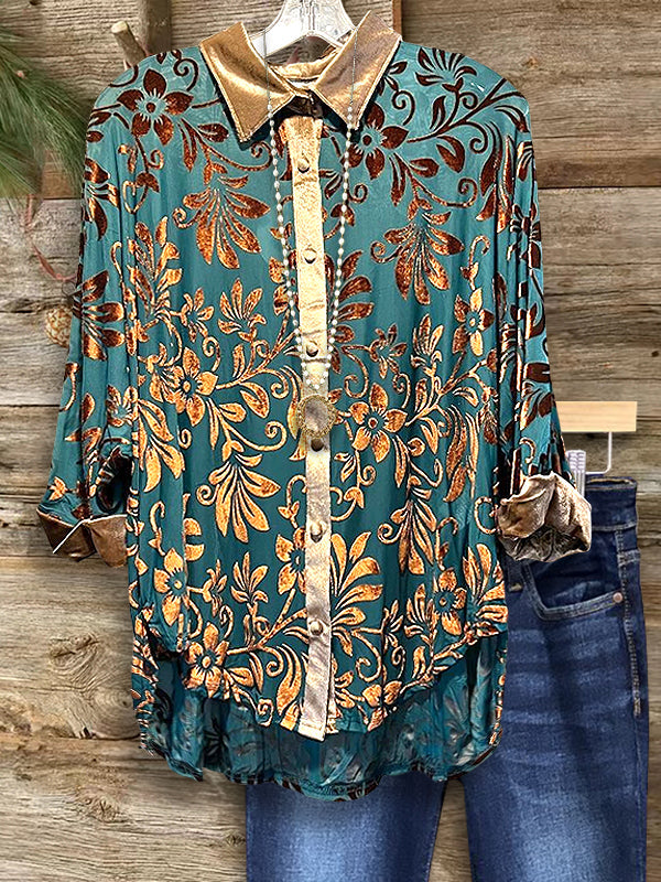 Emerald Garden Velvet-Collar Shirt