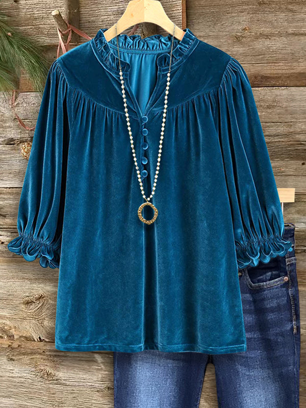 Teal Velvet Puff Sleeve Blouse