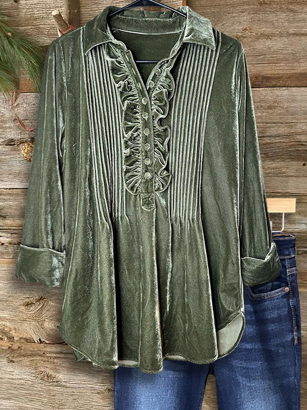 Olive Velvet Ruffle Front Blouse