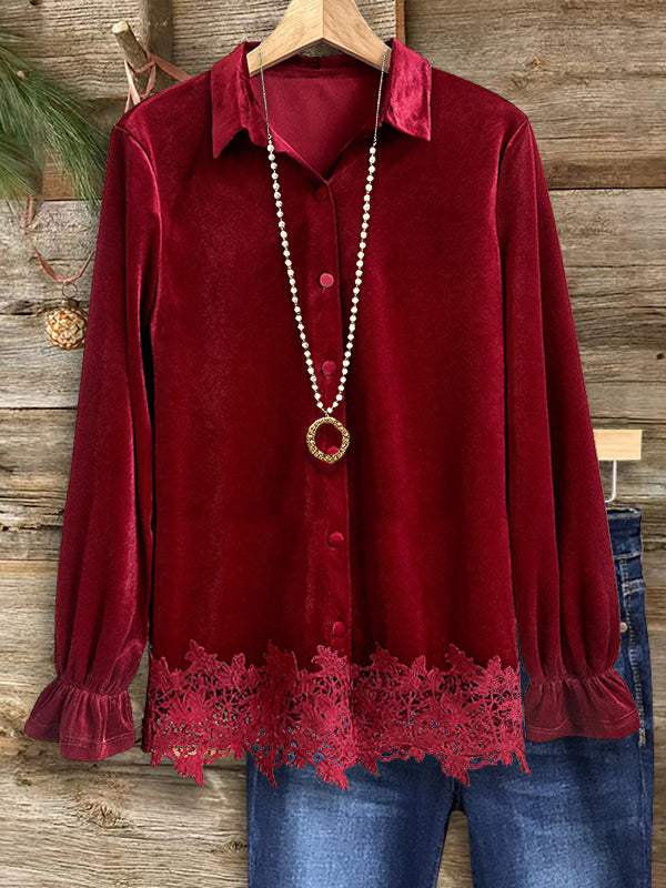 Velvet Lace Trim Blouse