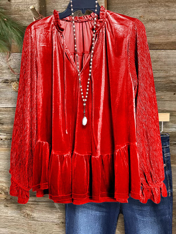 Red Velvet Ruffled Blouse