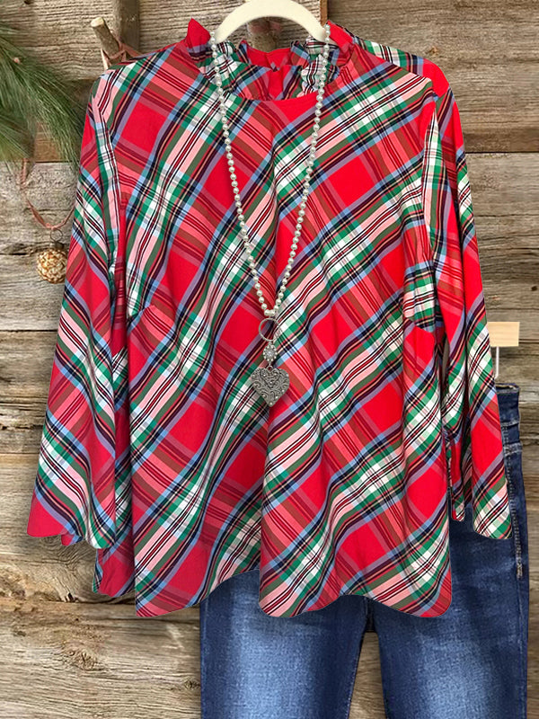 Festive Plaid Ruffle Blouse