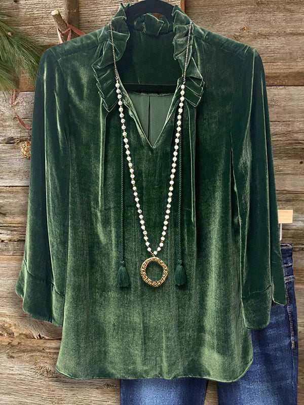 Solid Velvet Ruffled Blouse