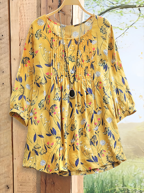 Natural Floral Print Pleated Blouse