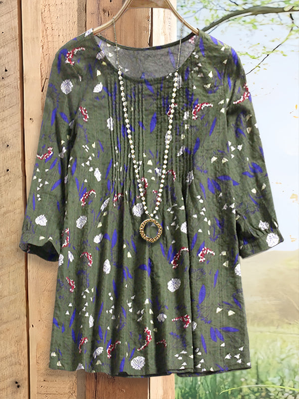 Retro Floral Print Pleated Blouse