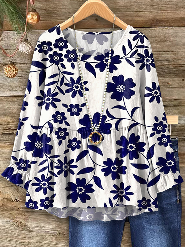 Floral Print Ruffled Casual Blouse