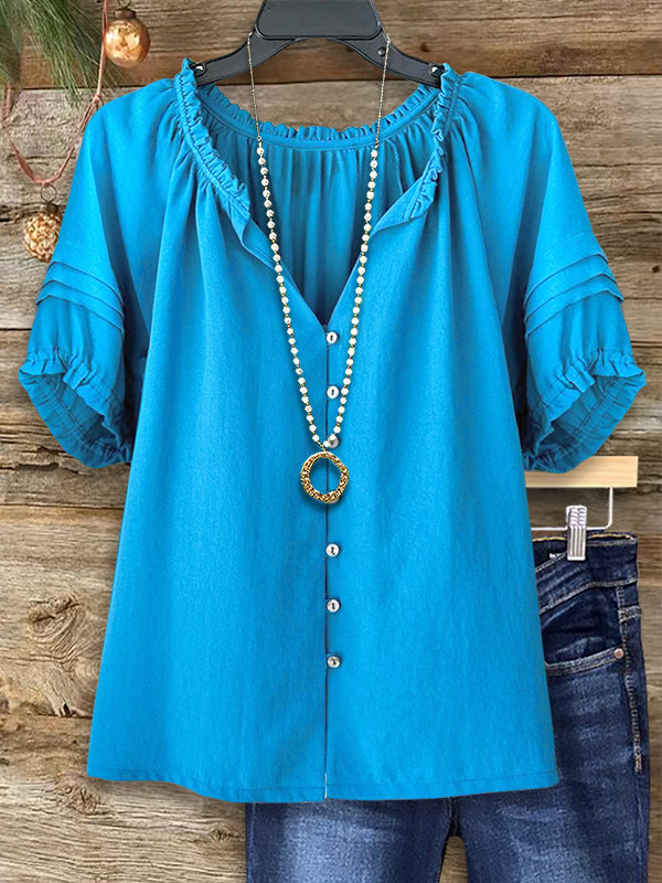 Solid Color Button Front Blouse