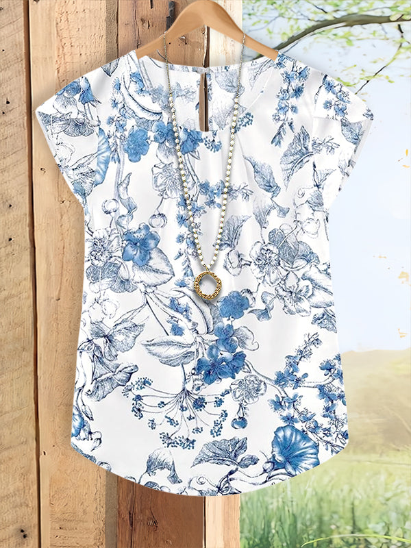 Retro Blue Flower Print Bud Sleeve Blouse