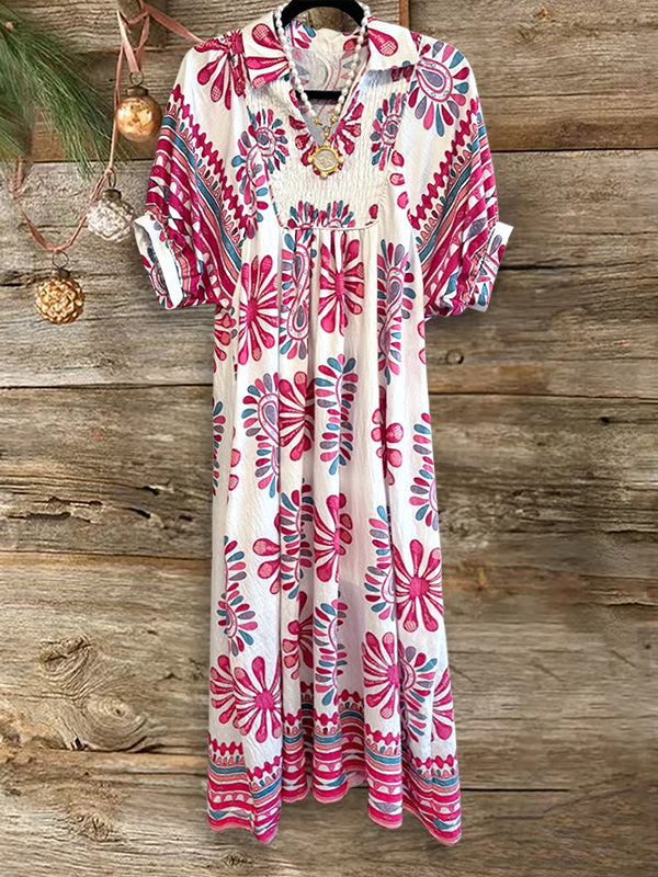 Ethnic Floral Print Bat Sleeve Dress