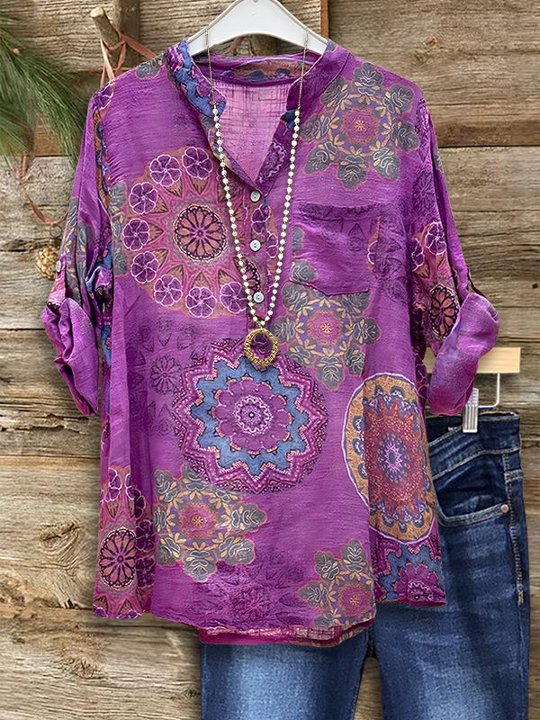 Mandala Roll-Up Sleeve Blouse