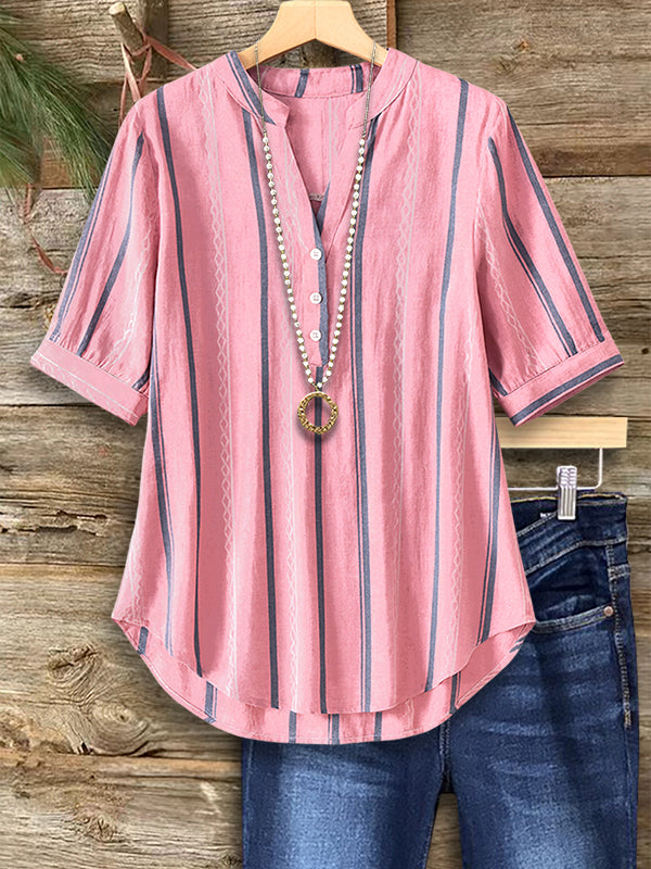 Rose Stripe Button Half Sleeve Blouse