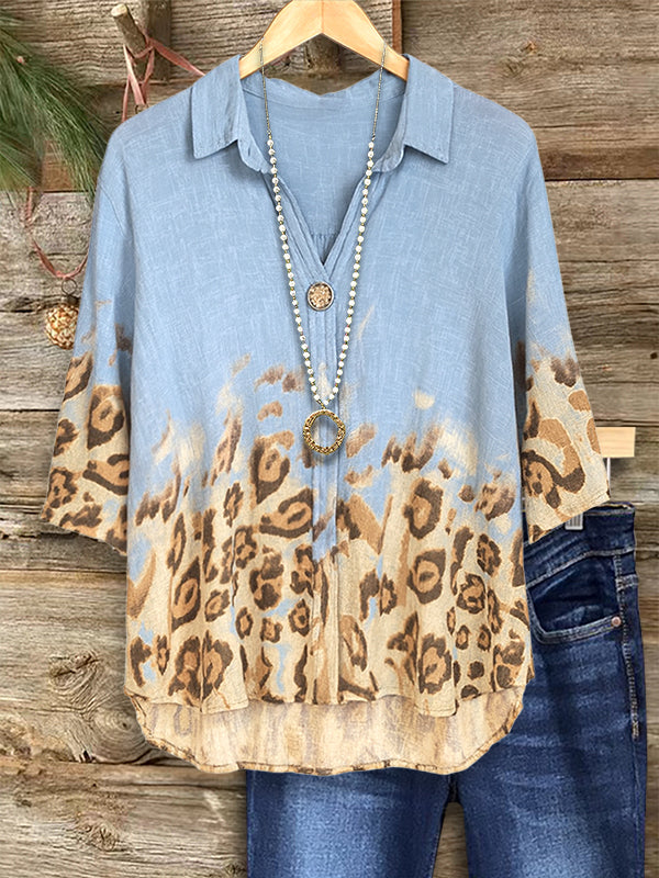 Gradient Leopard Print Lapel Casual Blouse