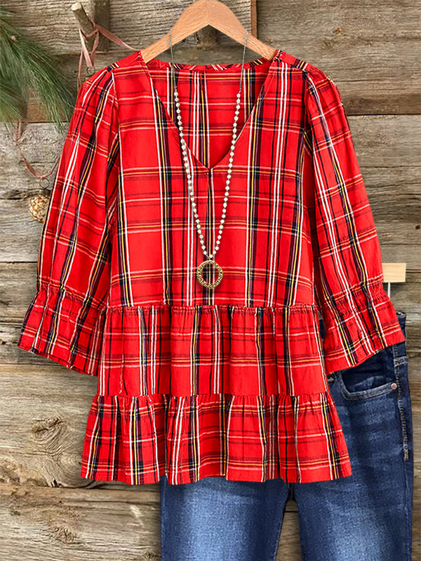 Plaid Ruffled Hem V-Neck Blouse