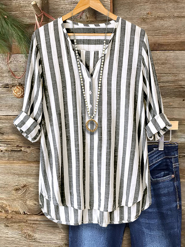 Striped V-Neck Roll-Up Sleeve Blouse
