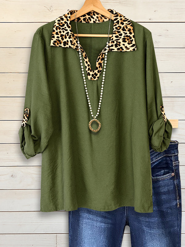 Olive Contrast Leopard Collar Shirt
