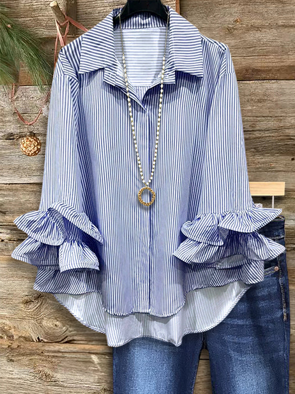 Blue Stripe Ruffled Sleeve Shirt