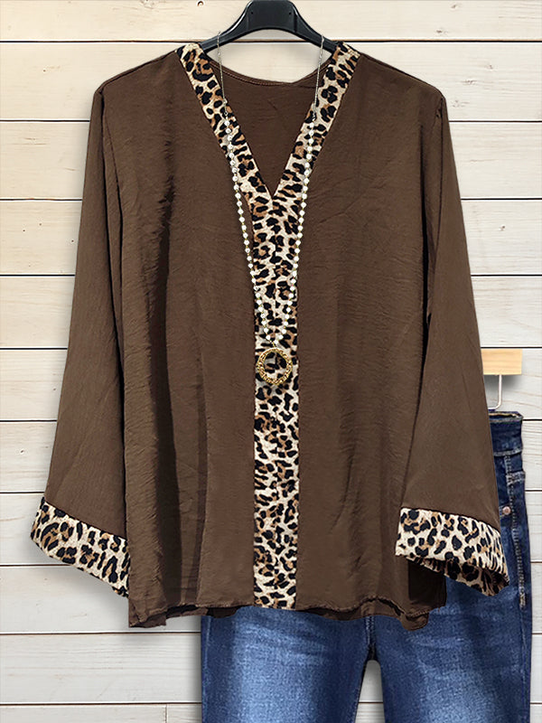 Brown V-Neck Top with Leopard Trim