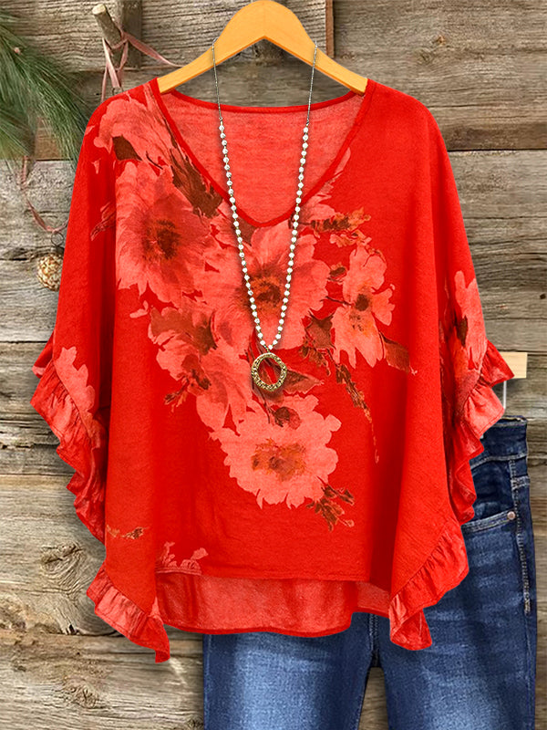 Red V-Neck Blouse with Ruffled Sleeves