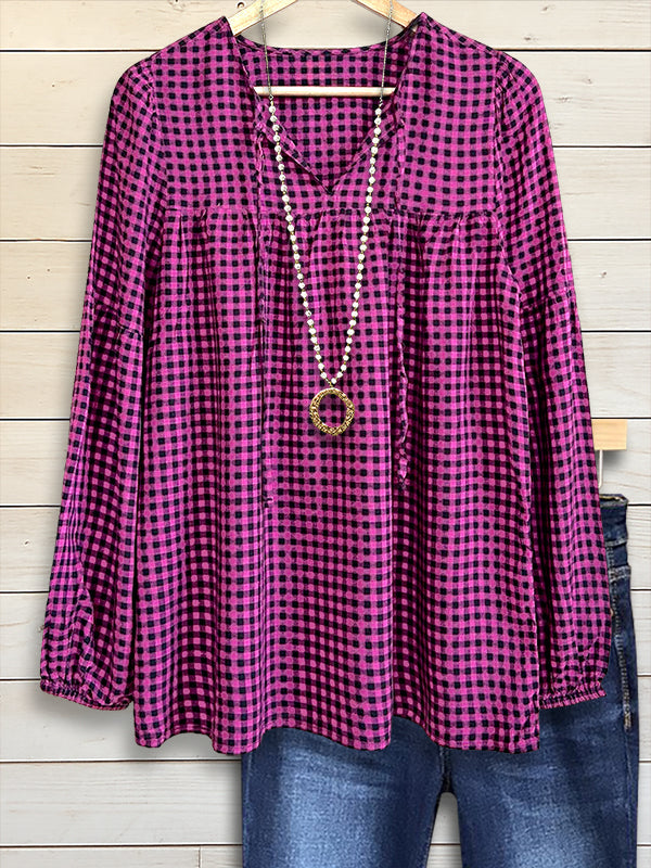 Plaid V-Neck Relaxed Blouse