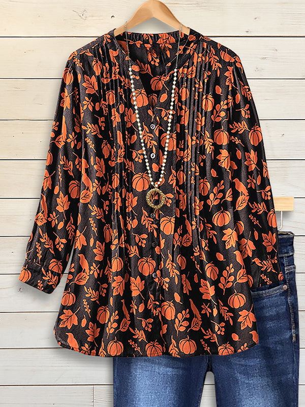 Halloween Pumpkin Print Pleated Blouse