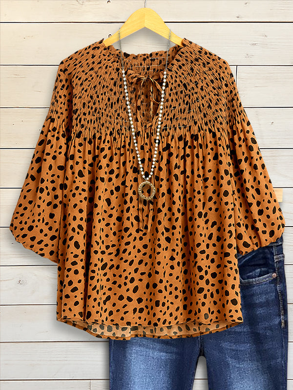 Leopard Smocked Puff Sleeve Blouse