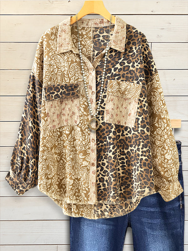 Leopard Floral Print Paneled Shirt