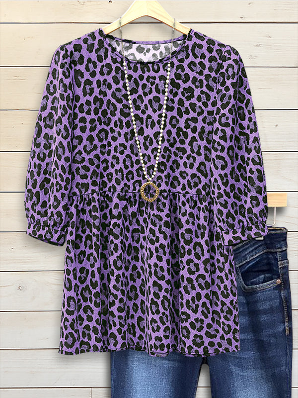 Purple Leopard Print Round Neck Top