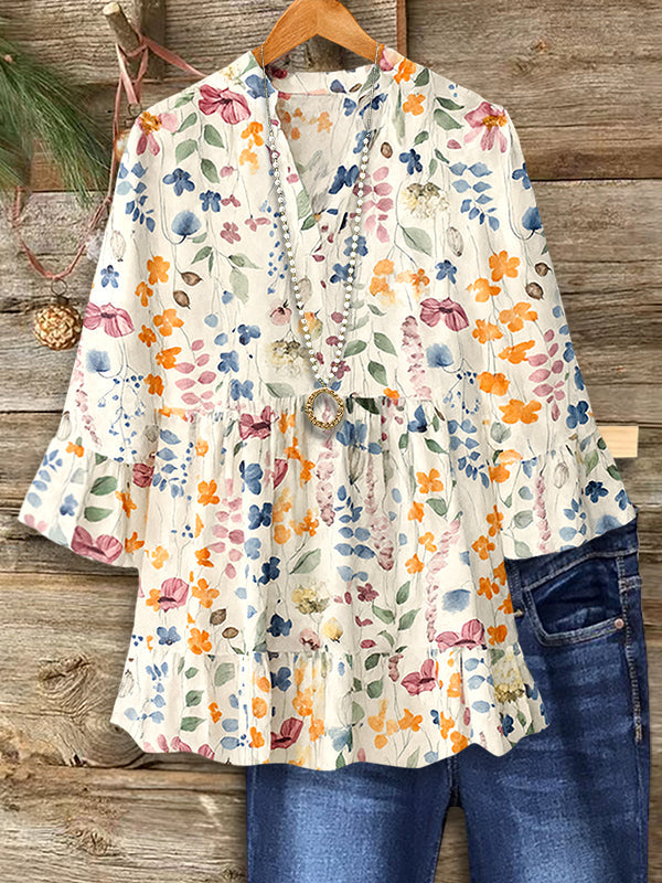 Pastel Garden Ruffled Hem Blouse