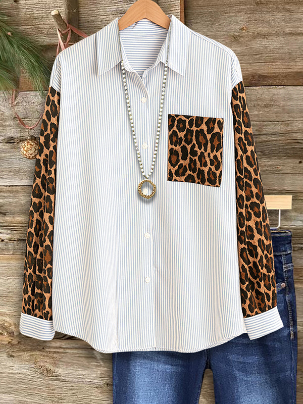 Striped Leopard Patchwork Casual Shirt