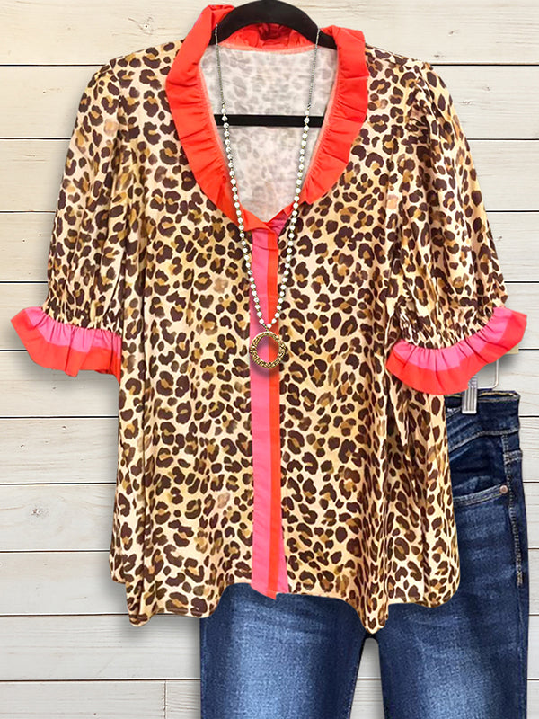 Leopard Print Ruffled Collar Blouse