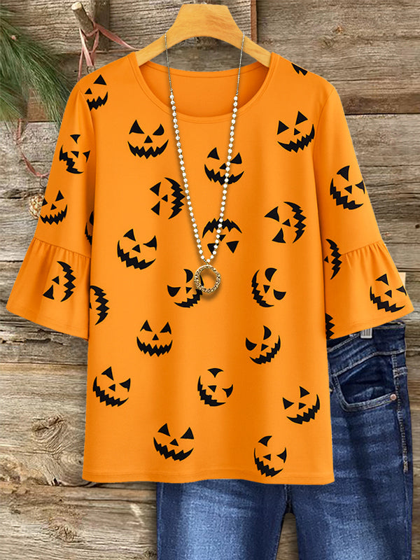 Pumpkin Face Ruffle Sleeve Top