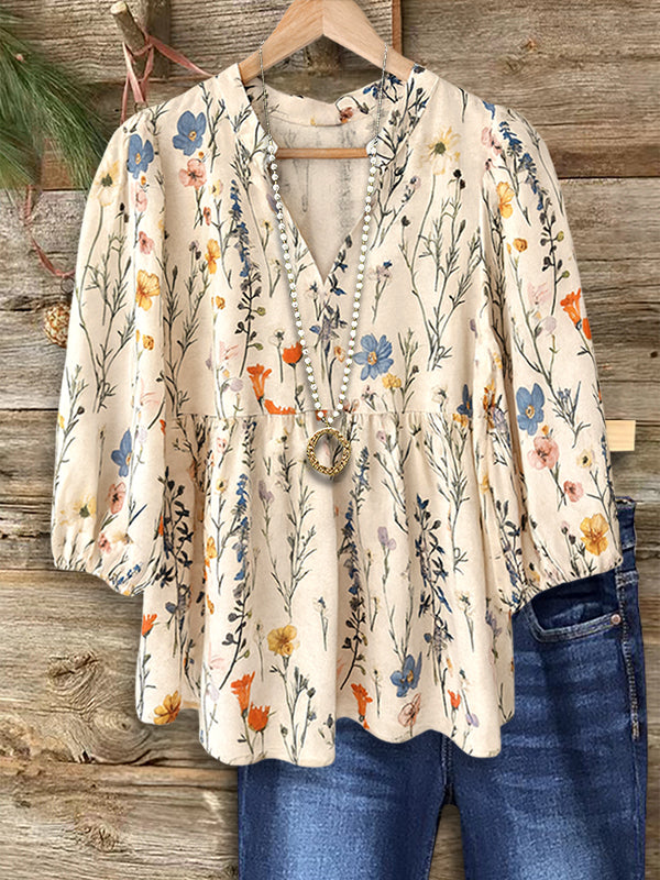Natural Floral Print Casual Top