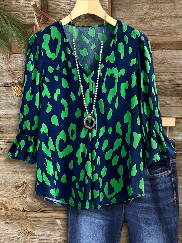Green Leopard V-Neck Ruffle Sleeve Top