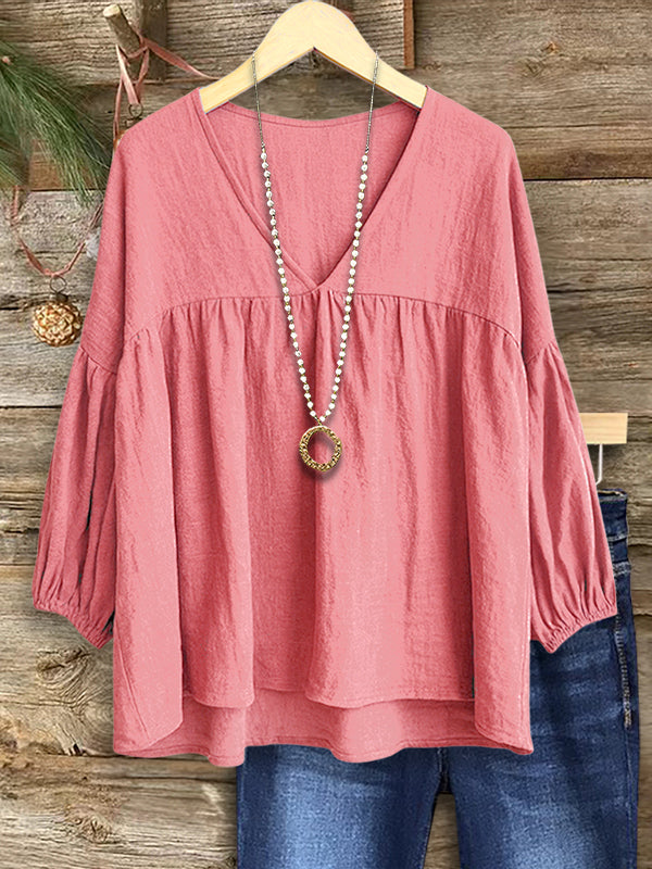 Solid V-Neck Puff Sleeve Top