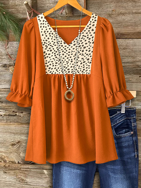 Burnt Orange V-Neck Ruffle Sleeve Contrast Top