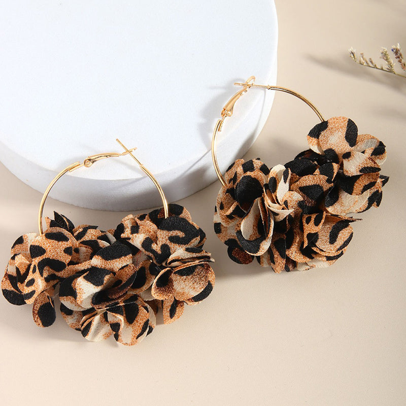 Leopard Fabric Flower Hoop Earrings