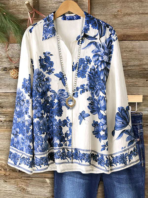 Blue Porcelain Print Long Sleeve Shirt