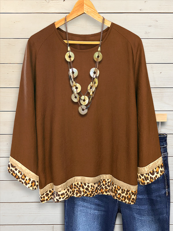 Brown Leopard Trim Round Neck Top