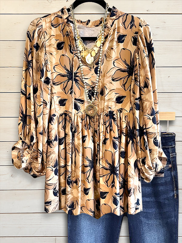 Artistic Floral Puff Sleeve Top