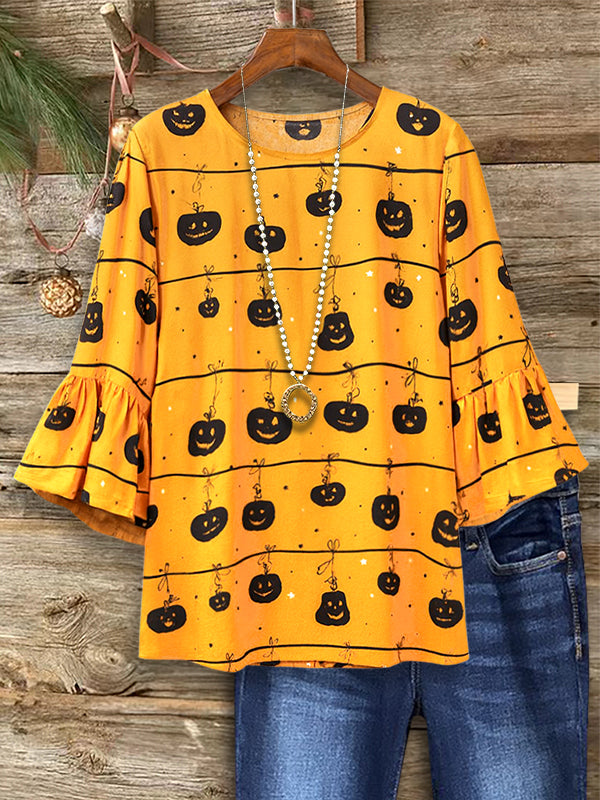 Pumpkin Ruffle Sleeve Halloween Top