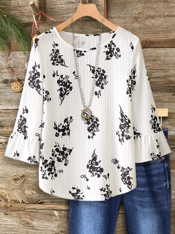 White Ruffle Sleeve Floral Blouse