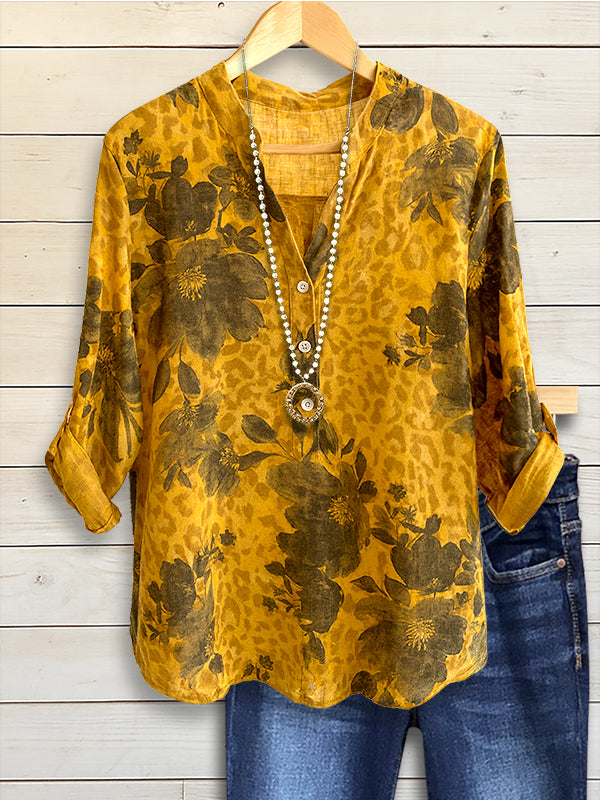 Leopard Print Floral Casual Blouse