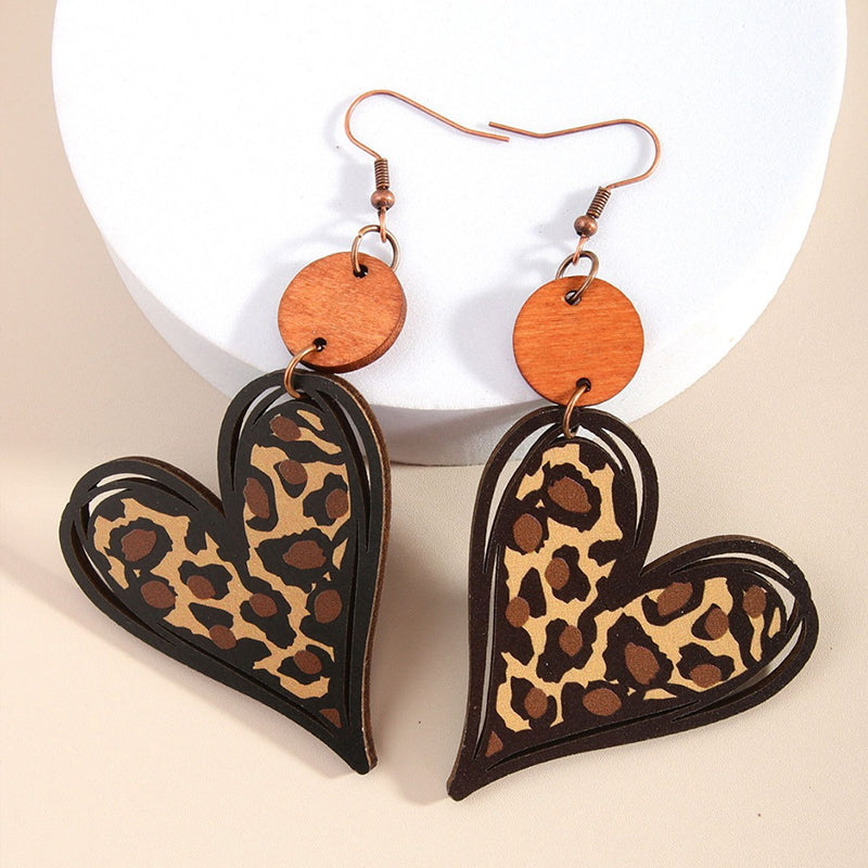 Leopard Heart Wooden Earrings