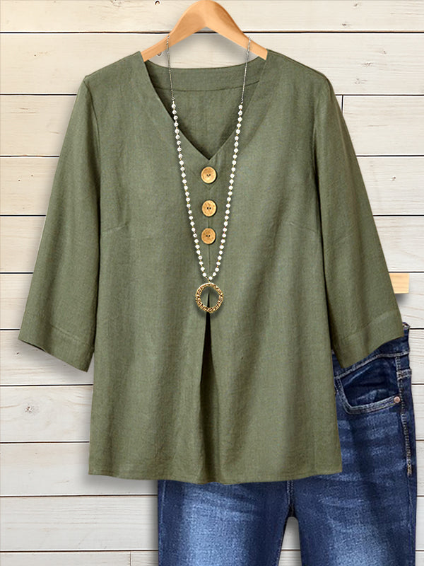Olive Charm V-Neck Button Blouse