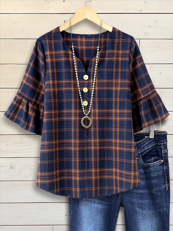 Plaid Buttoned Ruffle Sleeve Top