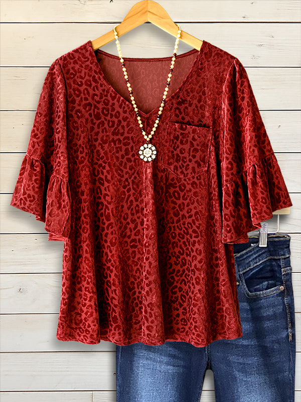 Three-Dimensional Leopard Print Velvet Ruffle Sleeve Top