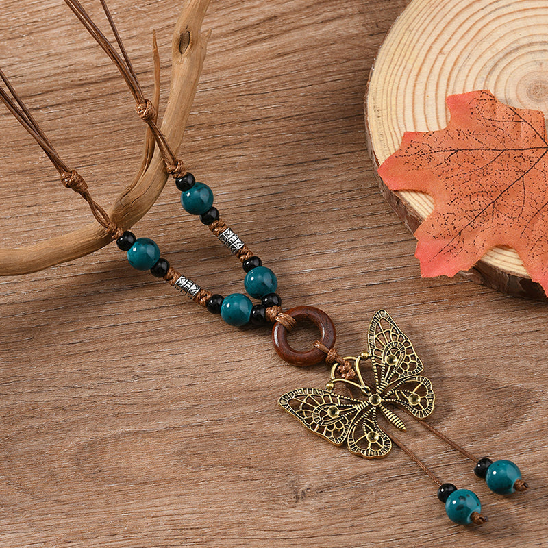 Boho Butterfly Pendant Beaded Necklace