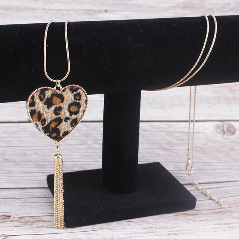 Leopard Heart Tassel Pendant Necklace