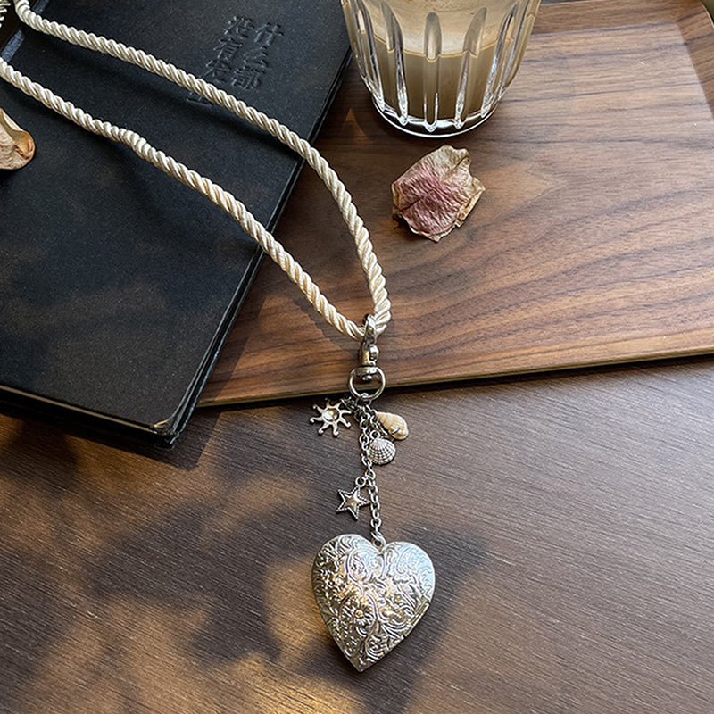 Vintage Heart Charm Rope Necklace